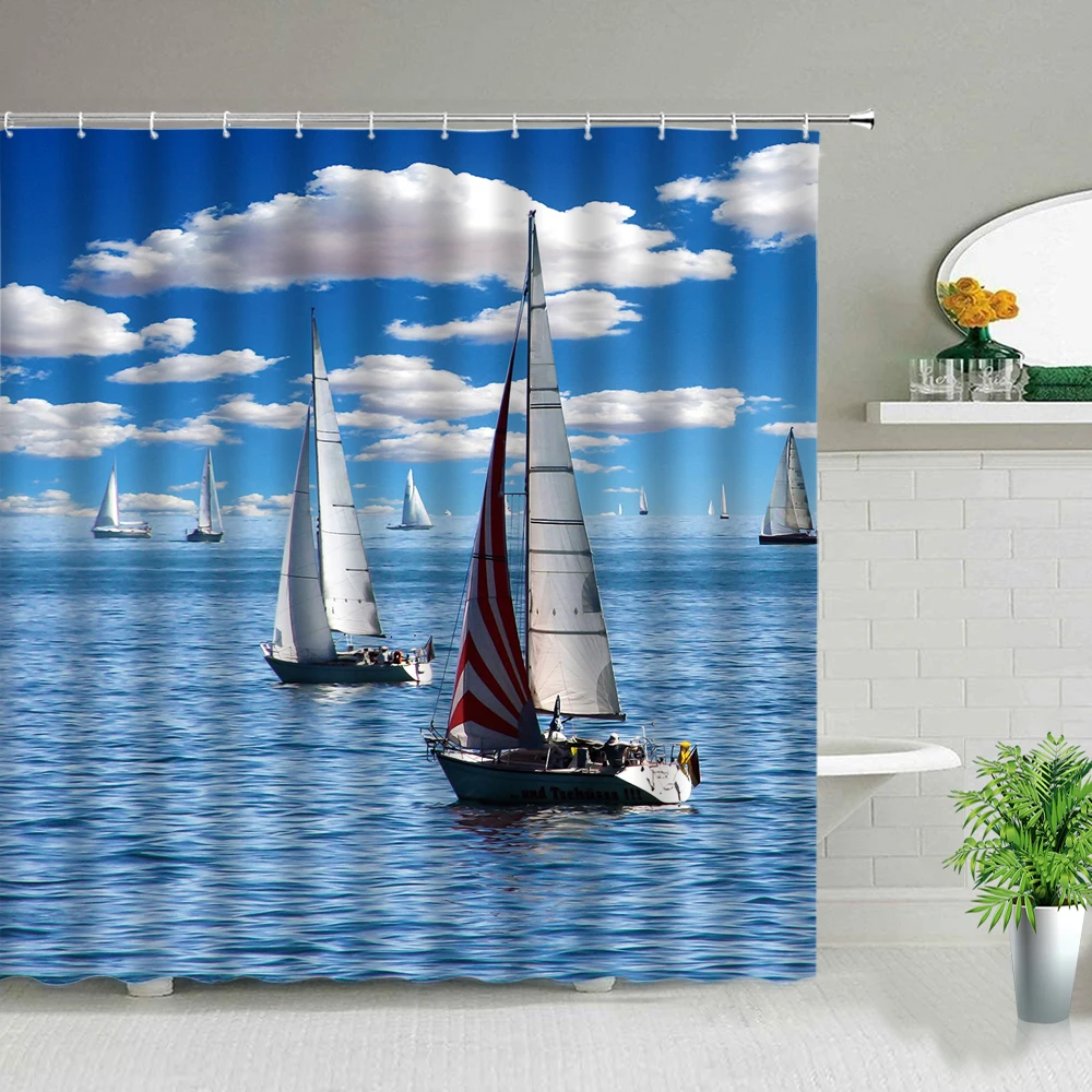

Занавеска для душа с изображением летнего океана, пляжа, парусника, пейзажа, зеленое растение, паром, декор для ванной комнаты, водонепрониц...