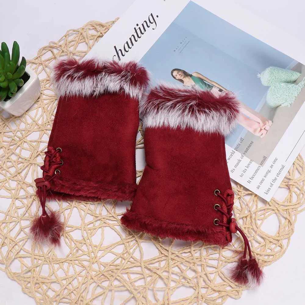 Меховые кожаные перчатки без пальцев на запястье женские подарок кролика Новые