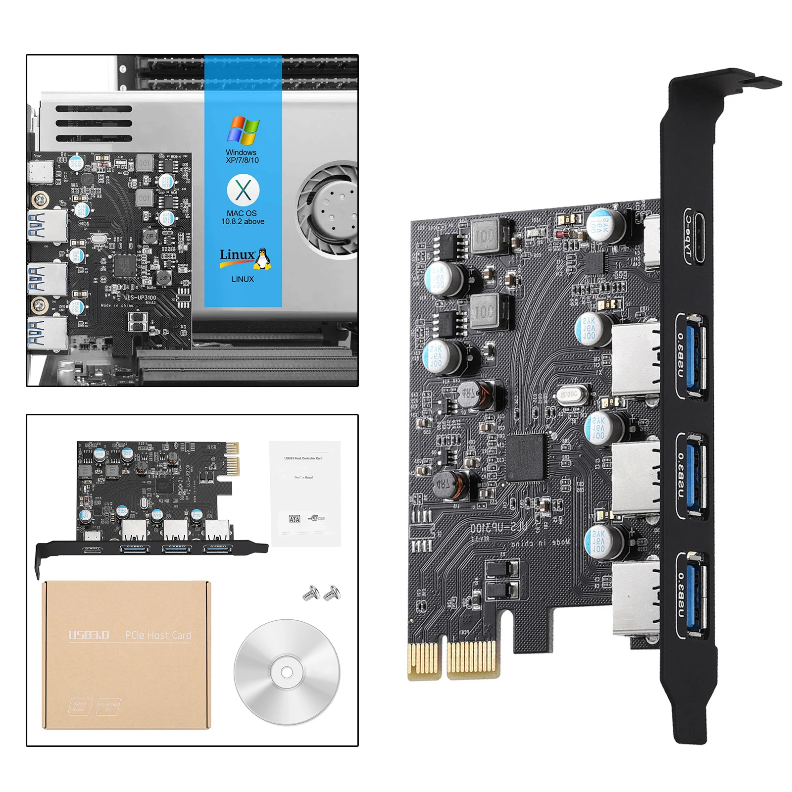 

PCI-E to Type C (3), Type A (1) USB 3.0 4-Port PCI Express Expansion Card
