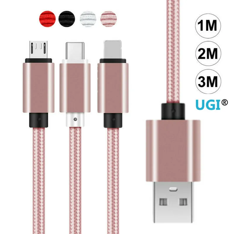 Сверхмощный металлический Плетеный IOS Micro USB USB-C Кабель зарядного устройства 1 м 2 м 3M для iPhone X 7 6 5 8 8 плюс XS