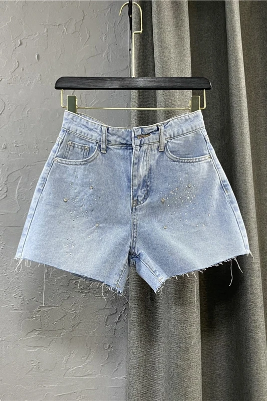 

Women's Light Blue High Waist Shorts Embroidery Wide Leg Jeans Summer New Female Loose A Line Hot Shorts Pants