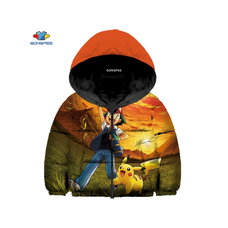 Детский пуховик с 3D принтом детектива Пикачу зимняя хлопковая куртка капюшоном