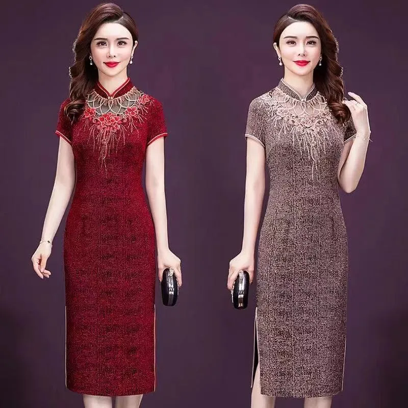 Высокое качество красивое весенне летнее женское платье Чонсам Мать элегантные