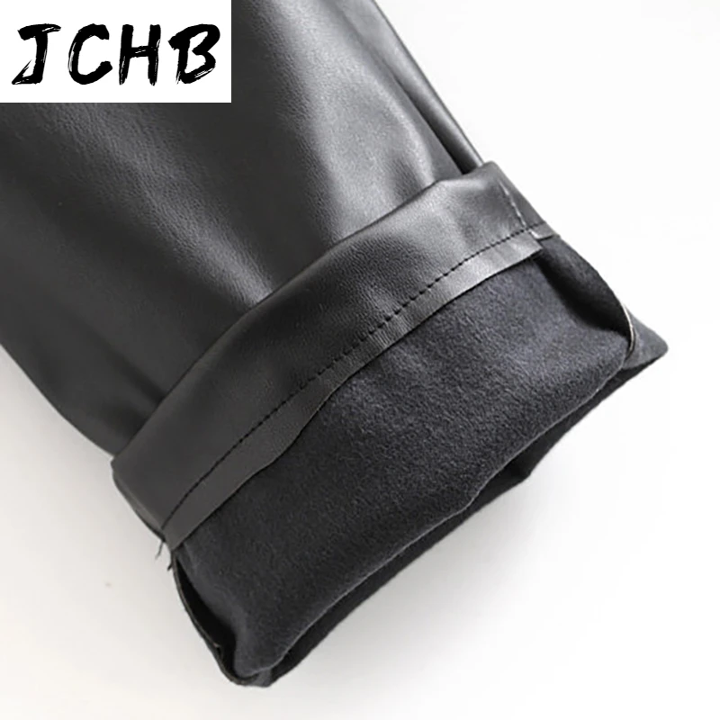 

JCHB Fashion PU Faux Leather Pleated Pants With Belt Women Office Wear High Waist Trousers Ladies Black Long Pants Pantalones