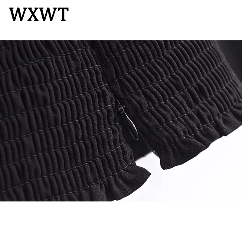 

WXWT Women French Vintage Black Fungus Side Camis Tops Ladies Summer Double Shoulder Bandage Short Tops OM7102