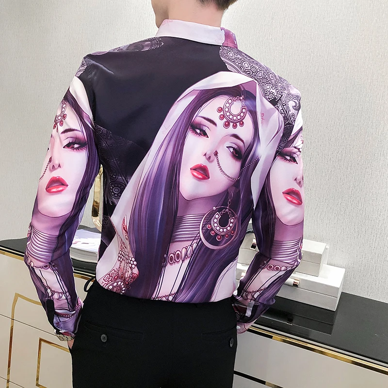 

Floral Korean Shirt Slim Fit Casual Men Social Shirt Long Sleeve Night Club Fashion Autumn Luxury Girl Print Men Flower Shirt