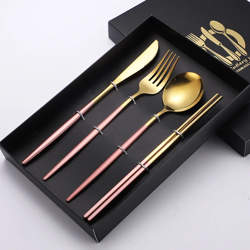 

4PCs Glossy Stainless Steel Tableware Knife Spoon Fork Chopsticks Coffee Dessert Dinner Western Kitchen Dinnerware Gift Box