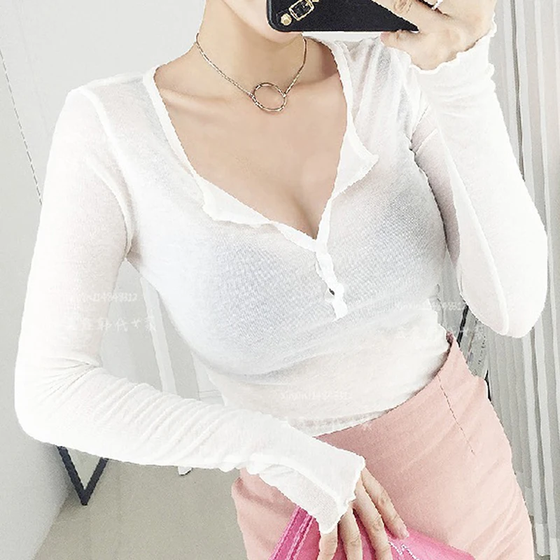 

Long Sleeve Tee Shirt Women Sexy 2021 Casual Button T-Shirt Woman Tops Korean Cotton Slim Fit Basic Female Tops Fall Winter New