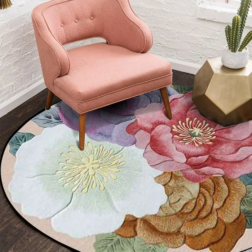 

Flower print round living room bedroom non-slip mat carpet custom
