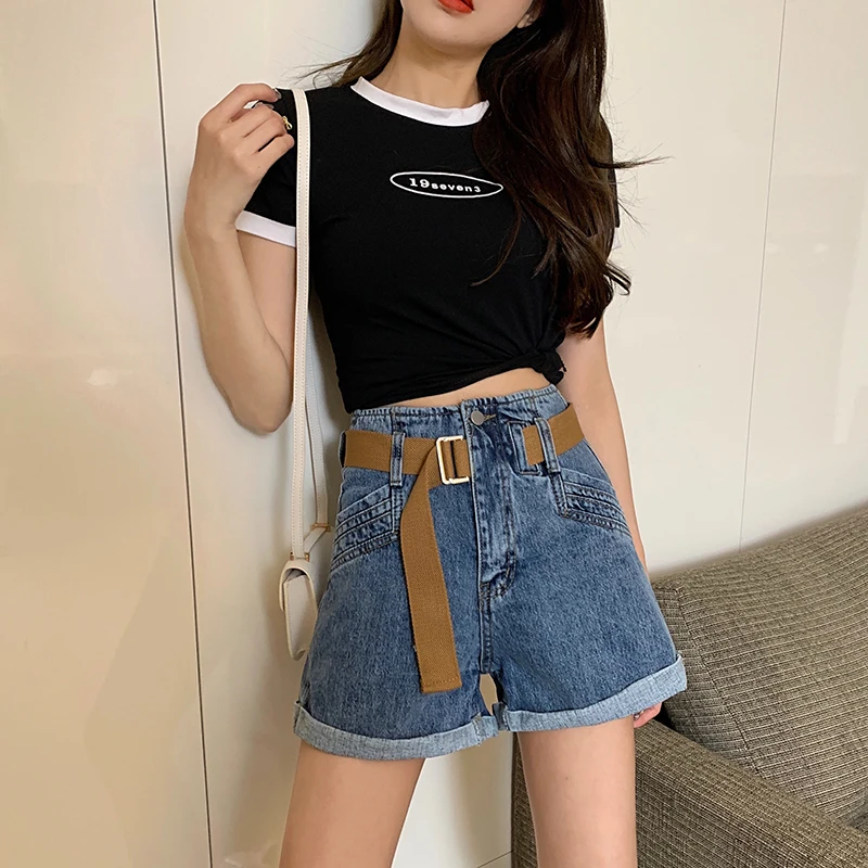 

Lucyever Fashion Belt Jean Shorts for Women Plus Size XL Straight Boot Shorts Woman 2021 Summer High Waist Denim Baggy Shorts