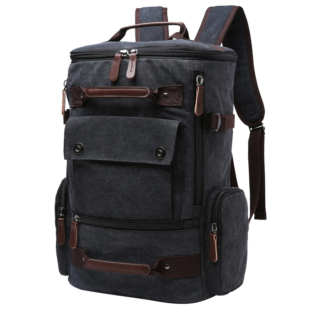 

Men Large Capacity Backpack Camping Canvas Multi Pocket Laptop Zipper Closure With Button Travel Solid School Bag Casual