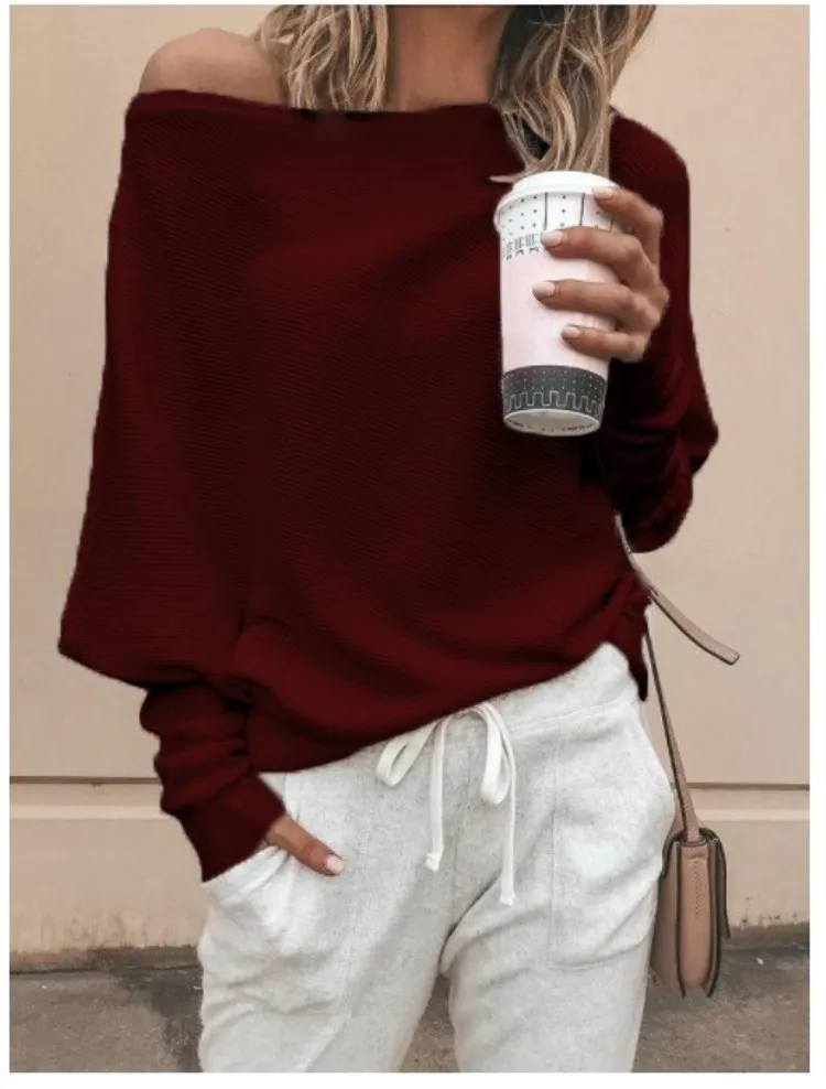 Плюс размер женский свободный пуловер с открытыми плечами свитер длинным