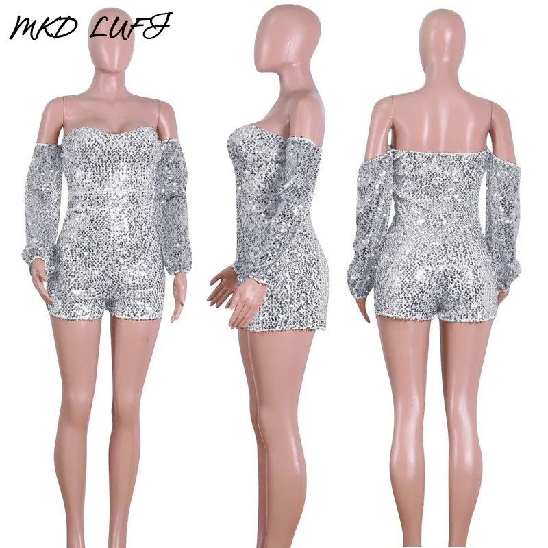 Сексуальный комбинезон с открытыми плечами и открытой спиной блестками женский