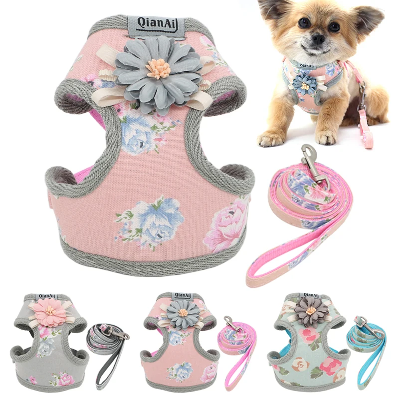 Dog Harness Leash Set Fashion Lovely Floral Breathable Adjustable Cat Harness Vest for Small Medium Dogs Cats Leashes Outdoor