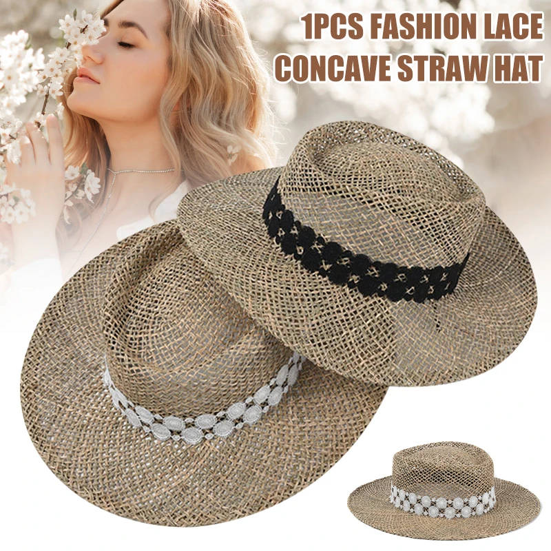 

Newly Women Concave Straw Hat with Lace Decor Wide Brim Cap Breathable for Outdoor Beach Summer 56-58cm