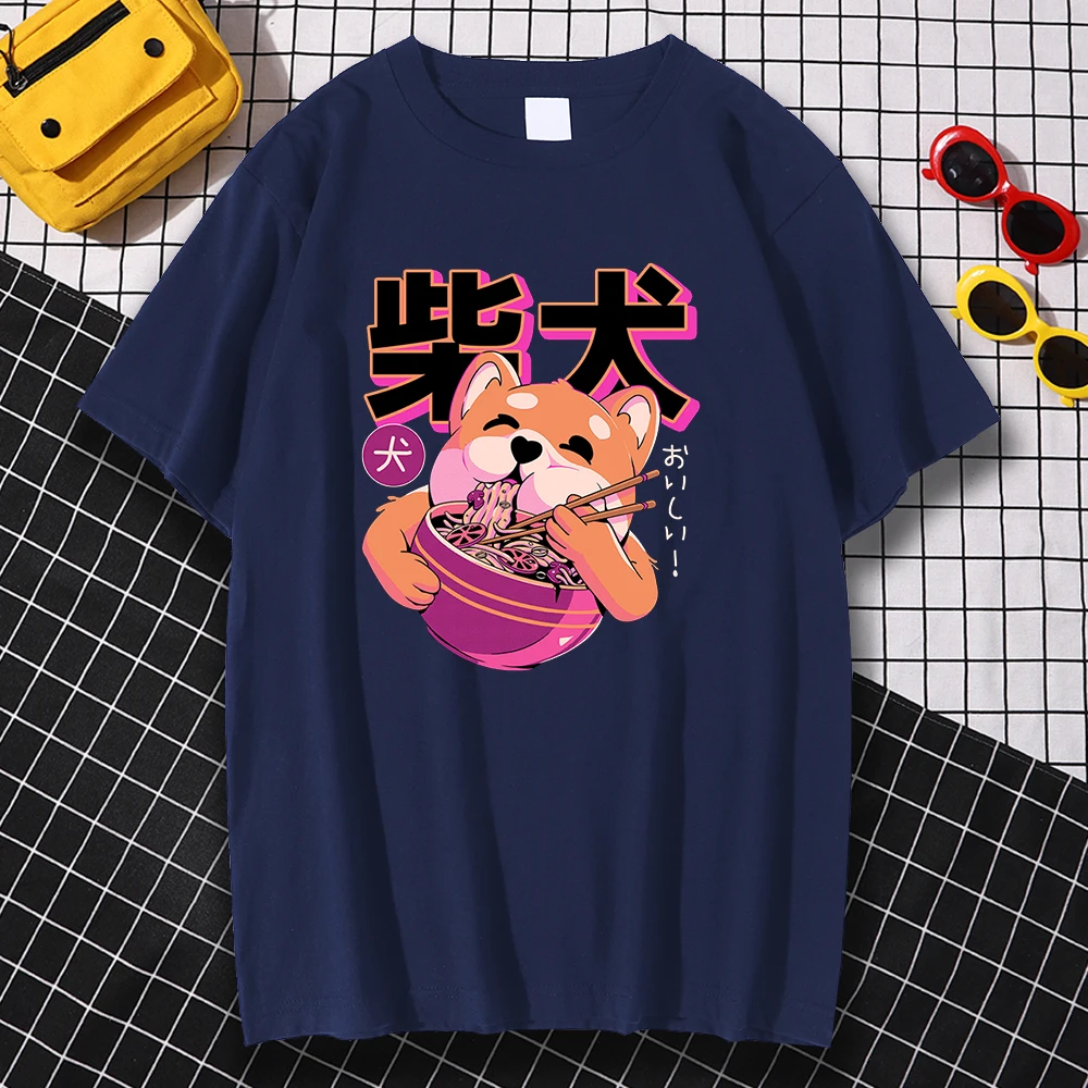 

Shiba Inu Eating Noodles Cartoon Print Tshirts Man Summer Quality Clothing Pattern O-Neck T-Shirt Fashion Hip Hop Casual Tshirt