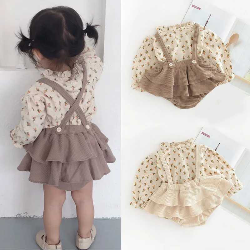

Baby Girl Clothes Spring Summer Linen Cotton Girls Floral Pullover Top Shirt Vintage Suspender Romper Dress Newborn Baby Outfits