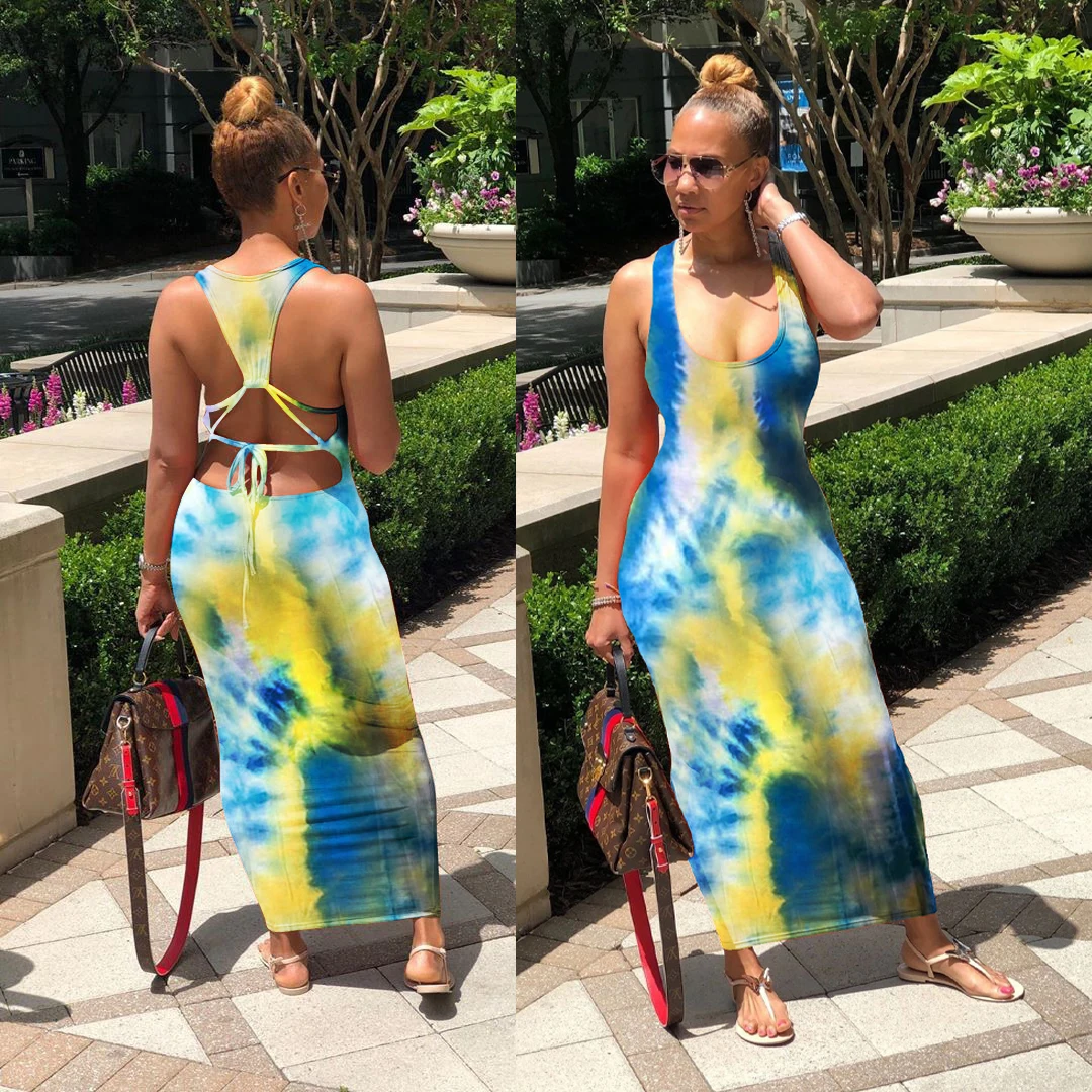 2020 Women Summer Tie Dye Galaxy Print Cross Open Back Sexy Sleeveless Tank Maxi Dress Beach Casual Slim Pencil Long Dresses | Женская