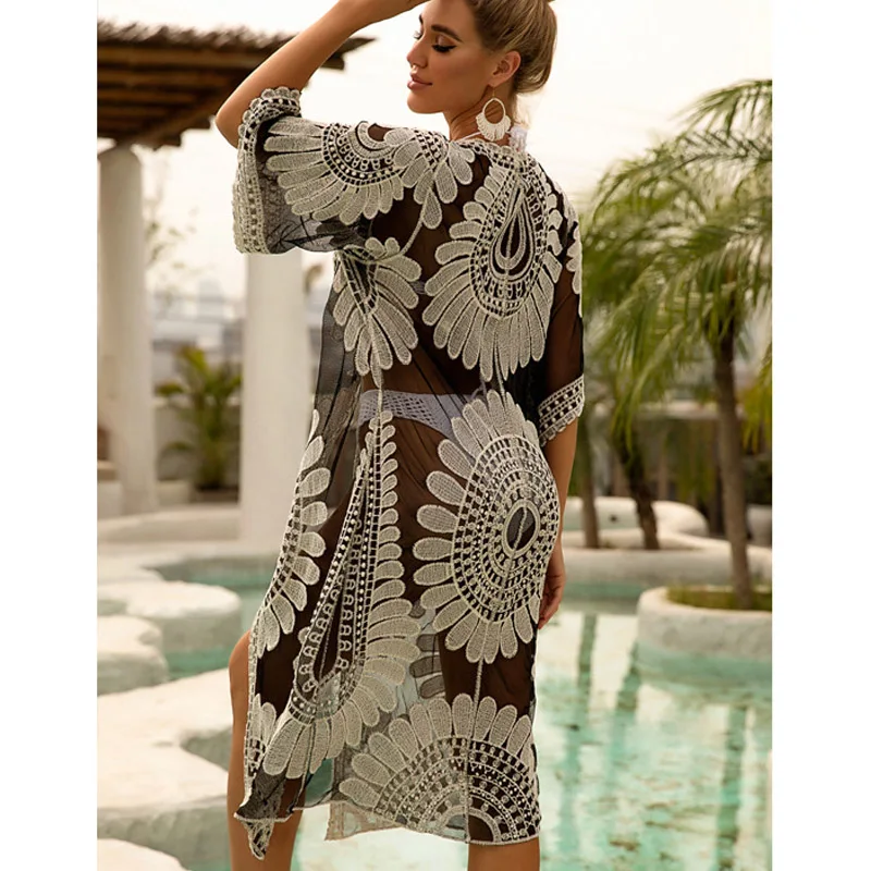 

Print Sunflower Beach Dress Women Sexy Lace Beach Cover Up Cardigan Long Robe Tshirt Skirt Seaside Holiday Beachwear S19