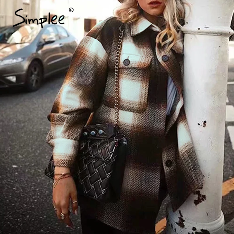 Simplee Повседневная клетчатая Женская куртка пальто с длинным рукавом пуговицами