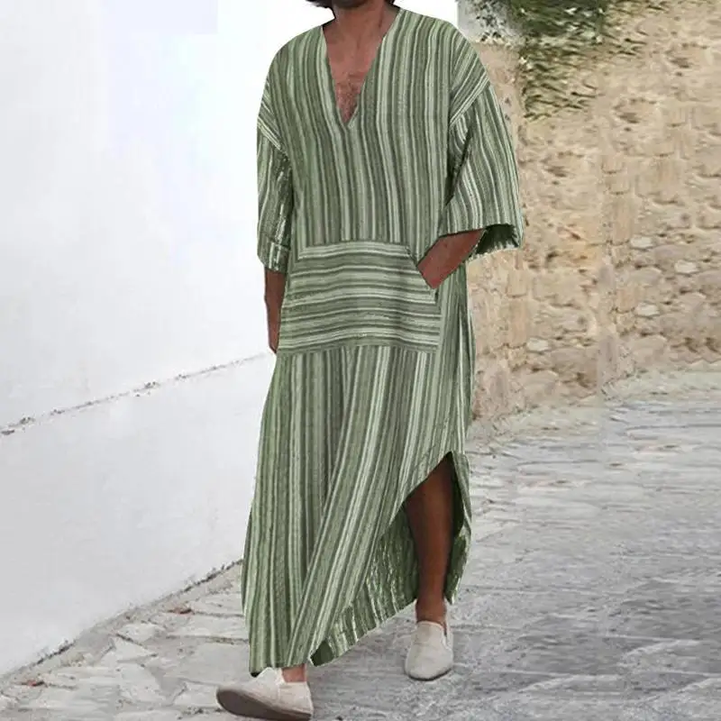 

Мужская винтажная хлопковая одежда в полоску, свободная мусульманская одежда с длинными рукавами и карманами в стиле Саудовской Аравии