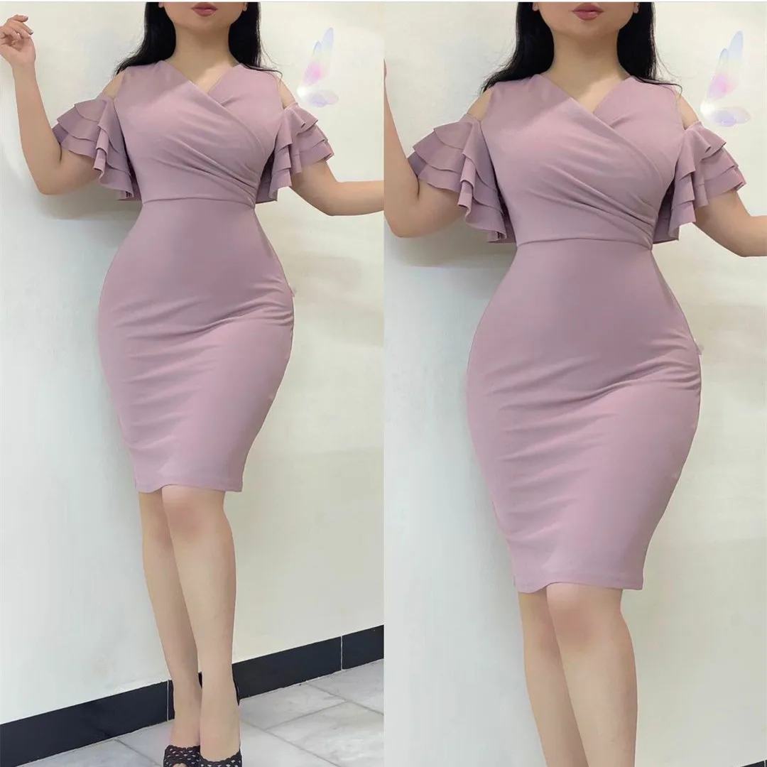 

Elegant Short Pink Evening Dresses Sheath Ruffled V-Neck Knee Length Zipper Back Abendkleid Robes de Soirée for Women