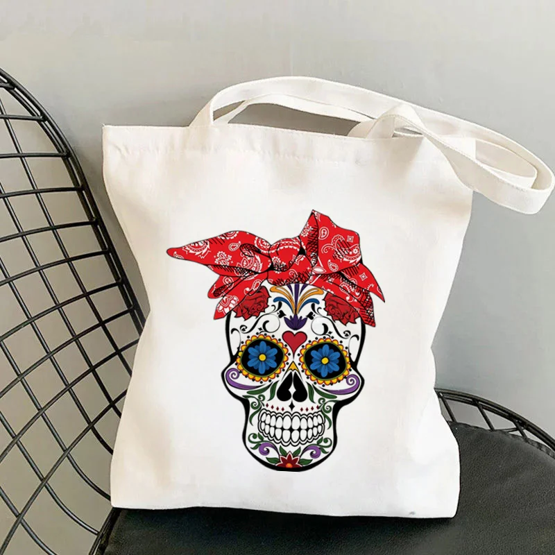 

Shopper Blue eyes Bandana Sugar Skull Printed Tote Bag women Harajuku shopper handbag Shoulder shopping bag Lady Canvas Bag