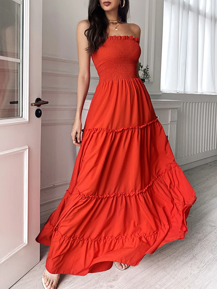 

Летнее платье-бандо Y2k Shein Romwe, дизайнерское многослойное платье макси с оборками, сексуальное вечернее платье 2021, женские элегантные вечерн...