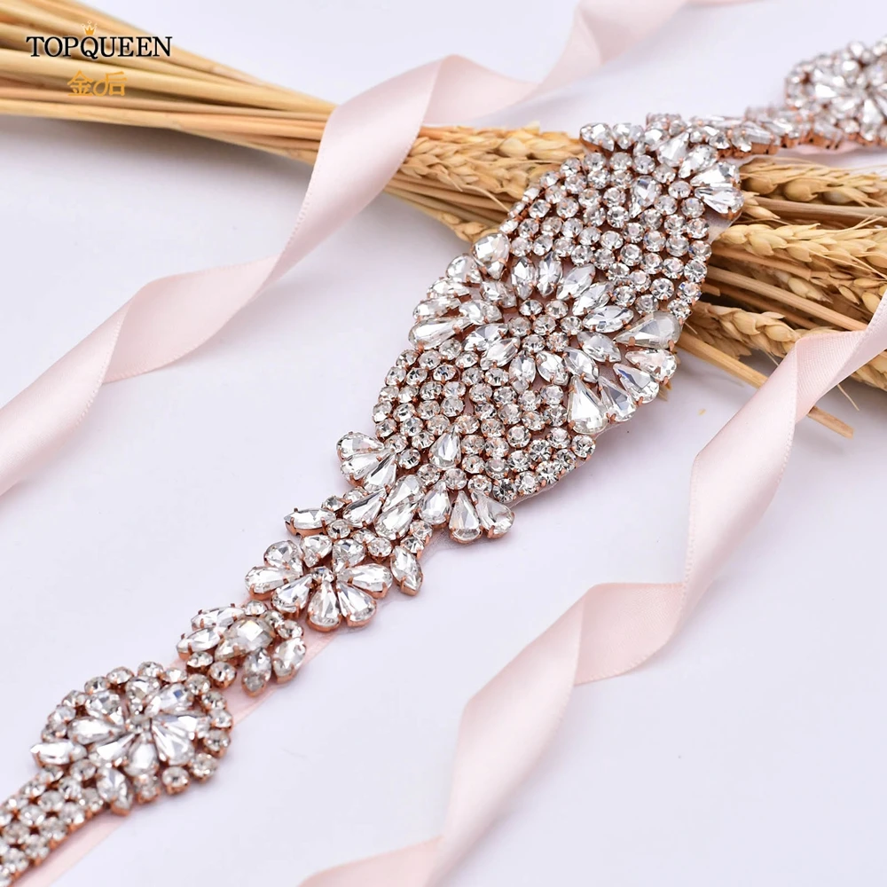 

TOPQUEEN S123-RG Bridal Belts Wedding Dress Sashes Diamond Belts for Dresses Sequin Belt Rose Gold Rhinestone Belt Bridal Belt