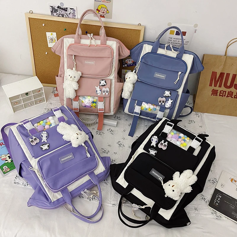 

2021 Tote Bags Women Backpack For Teenage Cartoon Black School Backpack Multi-Pocket Fashion School Bag Travel Bags Rucksack