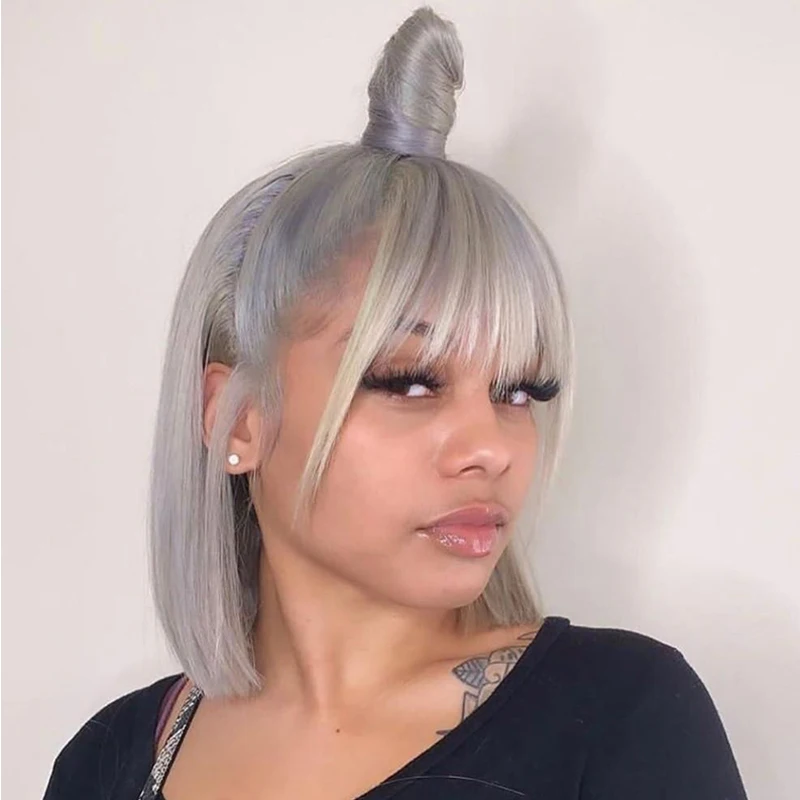

Brazilian Human Hair Wigs With Bangs Straight Grey Bangs Wig Silver Gray Bob Wig Full Machine Long Remy Hair Wigs For Women 150%