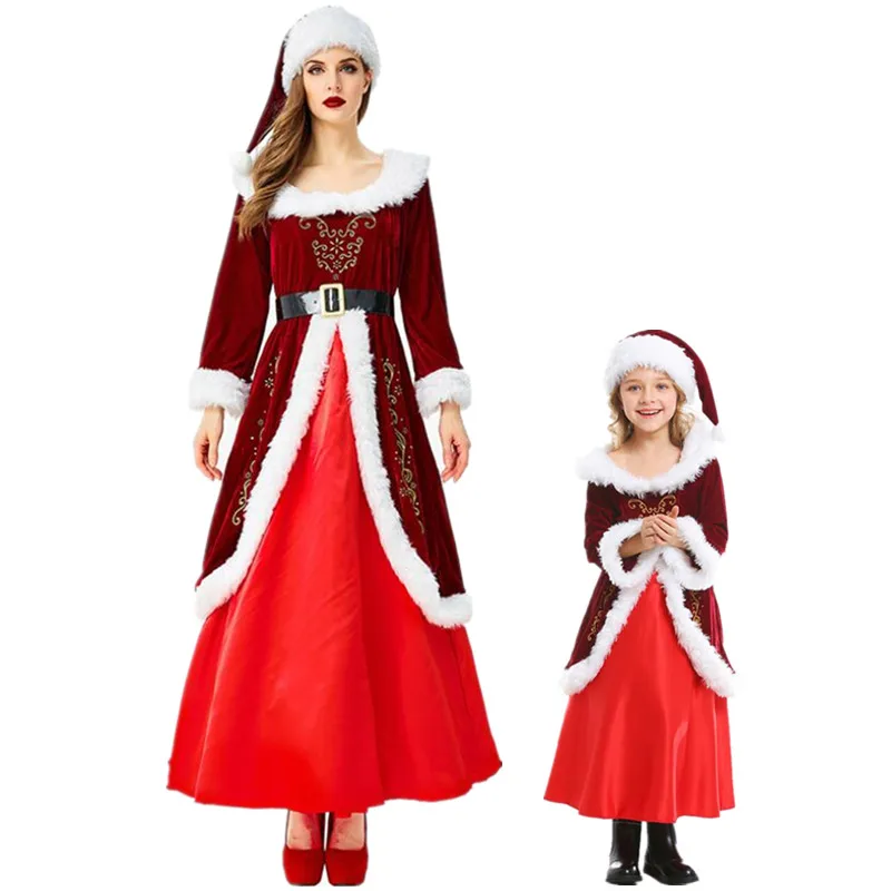 

Children Luxury Velvet Christmas Dress New Year Santa Claus Cosplay Suit Red Warm New Year's Costumes for Adult Women Girls