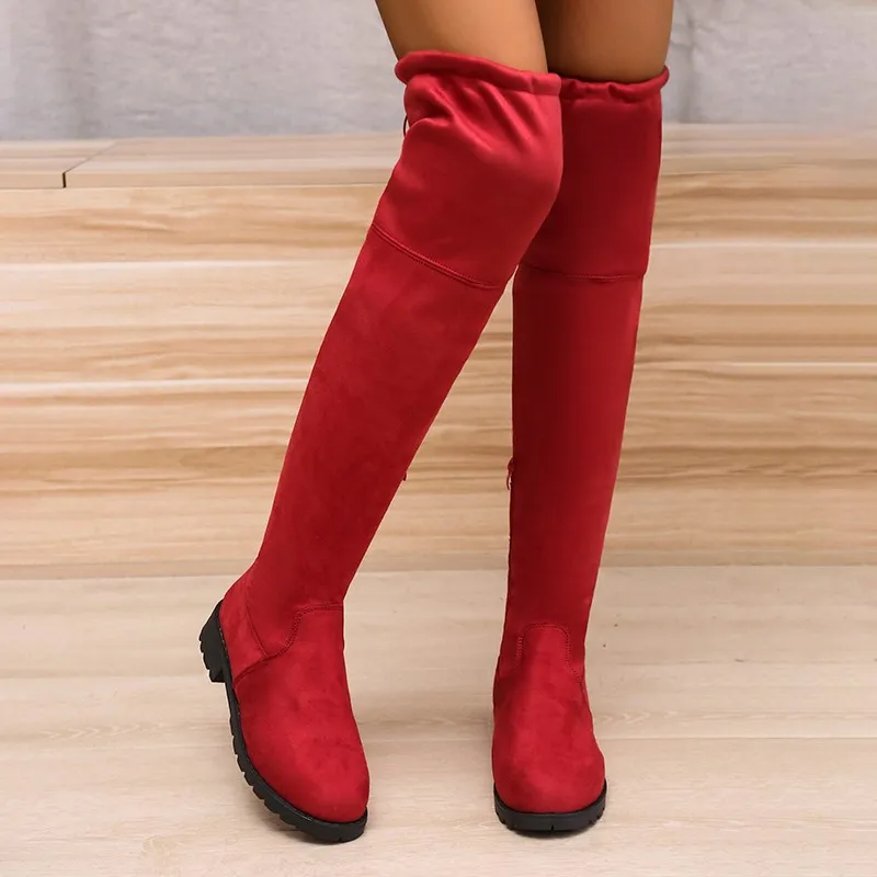 

2021 Autumn New Women's Fashion High Boots Solid Color Round Toe Square Heel Lace-up Outdoor Non-slip Comfortable Casual Boots