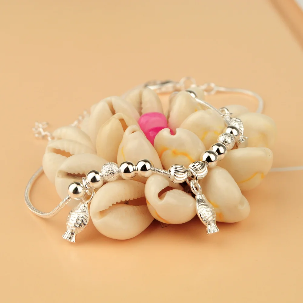 

Summer Women's Pure 925 Silver Anklet Charm Fish Pendant Snake Chain 20-28CM Ankle Bracelet Sandals Jewelry Lobster Clasp