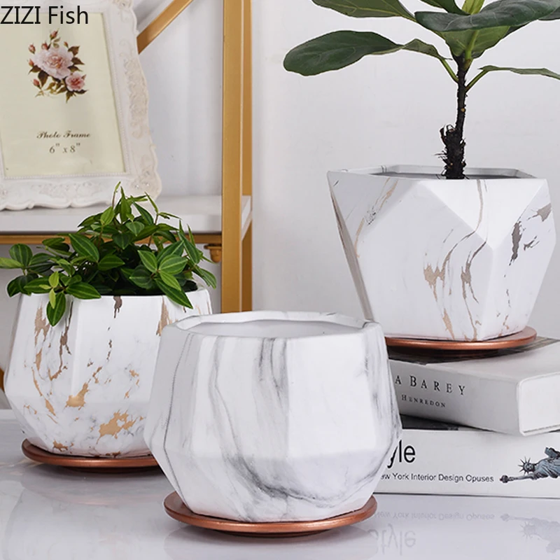 

European Style Desktop Square Ceramic Flowerpot Art Living Room Succulents Marble Pattern Flower Pot Home Decoration Accessories