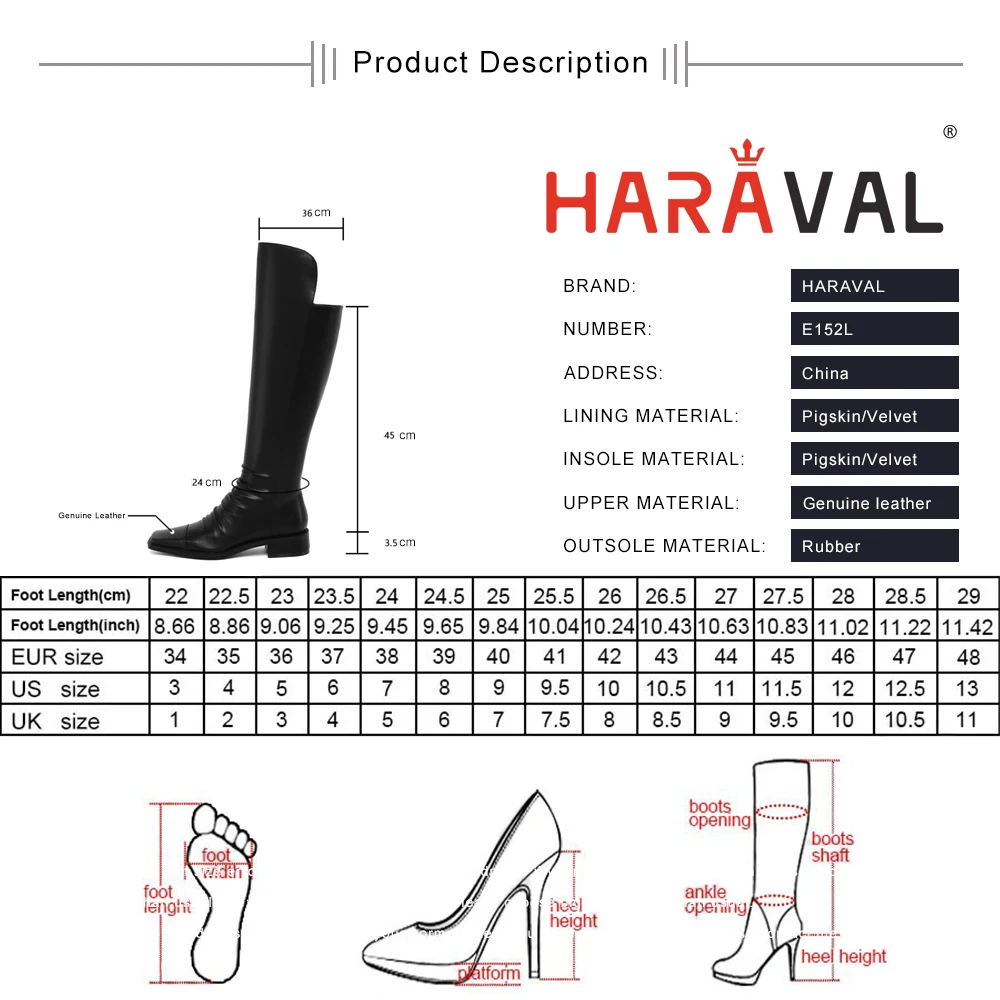 

HARAVAL Winter Women Knee High Boots Low Heel Walking Shoes Keep Knee Black White Comfor Leather Shoes Fashion For Lady E152L
