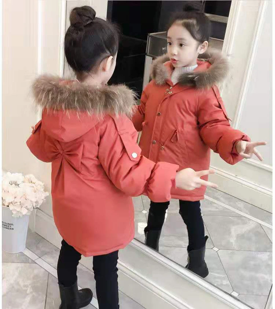 

4-12 Children Girl Down Jacket Snow Wear Parkas 3 Colors For Baby Girls Outerwear Teenage Fur Hooded Kids Winter Girl Outwear