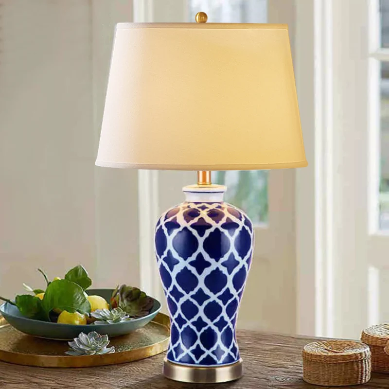 

TUDA Free Shipping Chinese Style Table Lamp Hand-painted Blue Grid Ceramic Table Lamp For Hotel Foyer Bedroom Bedside Lamp E27