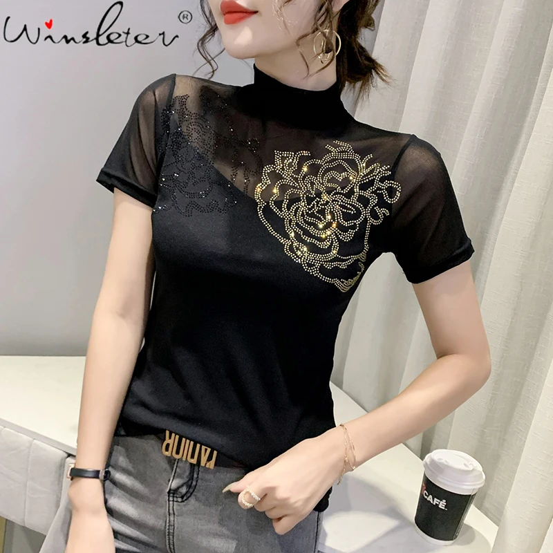 

Summer Korean Style Mesh T-Shirt Fashion Sexy Mock Neck Shiny Diamonds Women Tops Short Sleeve Bottoming Shirt Tees New T16603A
