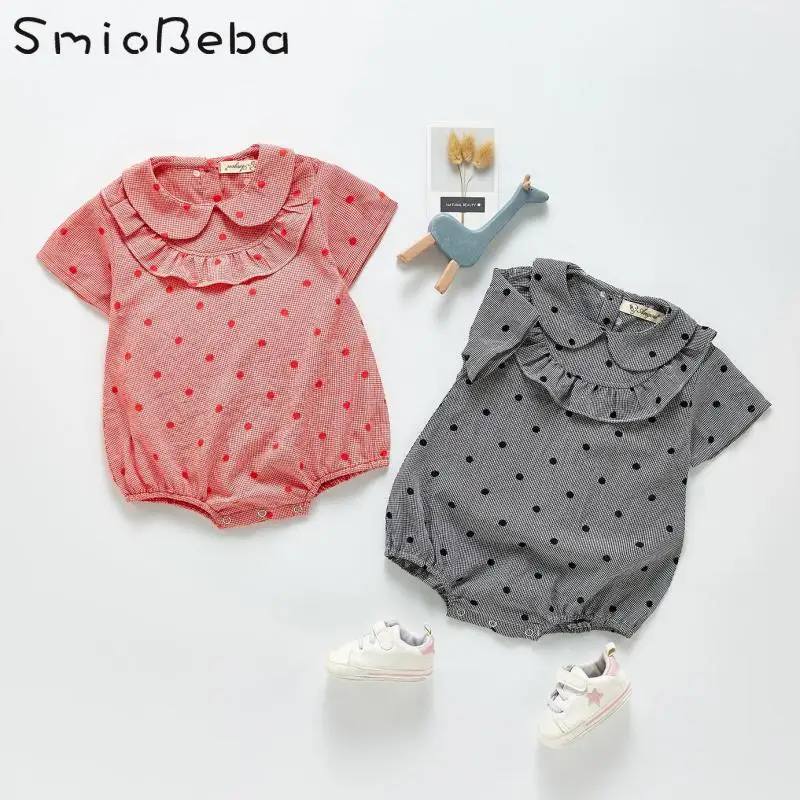 

Одежда для младенцев, комбинезоны, детское клетчатое цельнокроеное платье, боди для девочек 0-24 мес., платье с запахом в горошек, красные япон...