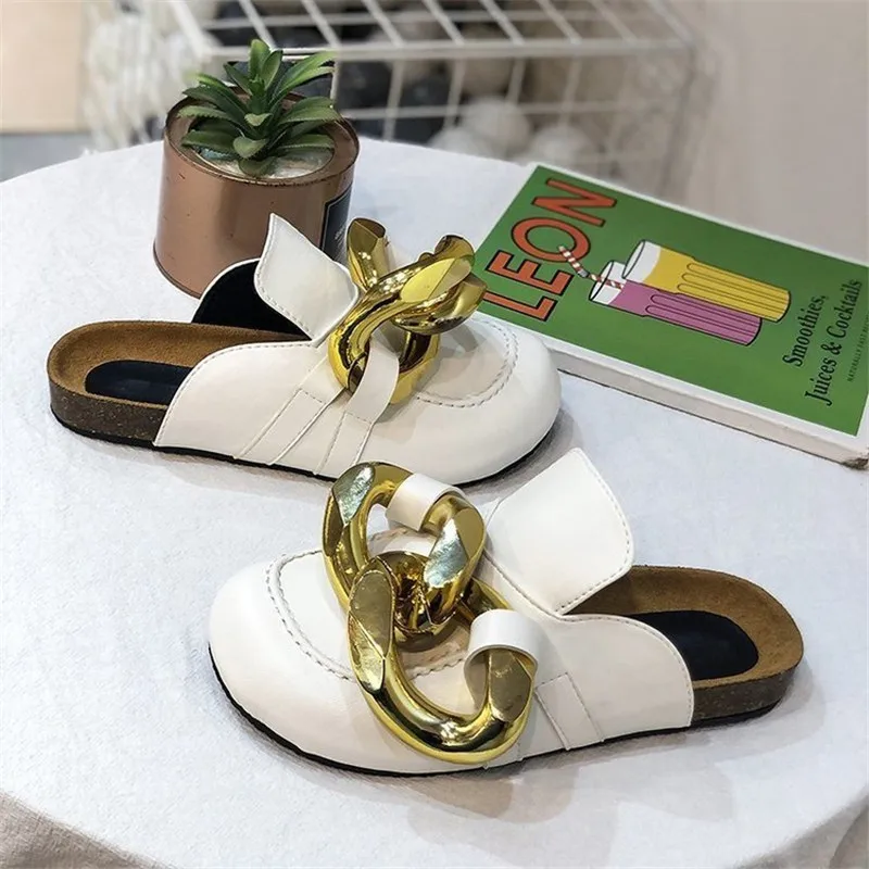

Litthing Brand Design Women Slipper Fashion Big Gold Chain Sandals Shoes Round Toe Slip On Mules Flat Heel Casual Slides Flip