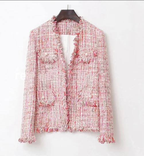 

Твидовое розовое пальто с блестками, тканевое пальто с бахромой, французская аристократическая одежда, женский топ на весну и осень