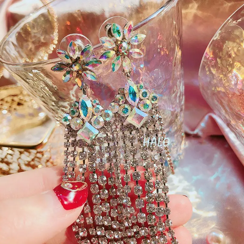 MENGJIQIAO Korean New Luxury Flower Crystal Drop Earrings For Women Elegant Rhinestone Tassel Long Pendientes Party Jewelry | Украшения и
