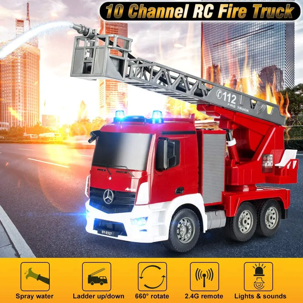 1/20 RC Truck 10CH Double E Benz 2.4G Remote Control Sprinkler Fire Truck with Ladder Light and Sound Spray Water Electric Cars