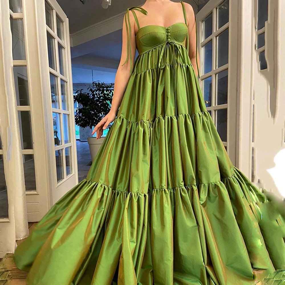 

High-Waisted Maternity Evening Dresses Long 2021 Green Satin Elegant Spagetti Straps Ruffles Prom Gowns Sexy vestidos de fiesta