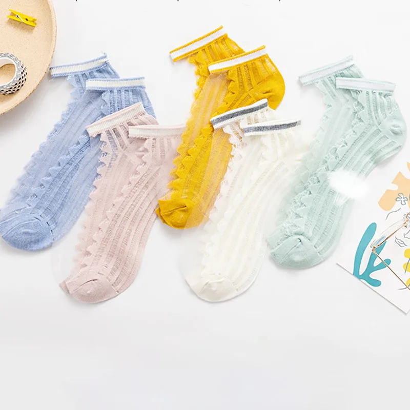 

2022 Summer Women Lace Ultra-Thin Ankle Socks Patchwork Breathable Invisible Short Socks Transparent Glass Silk Boat Socks