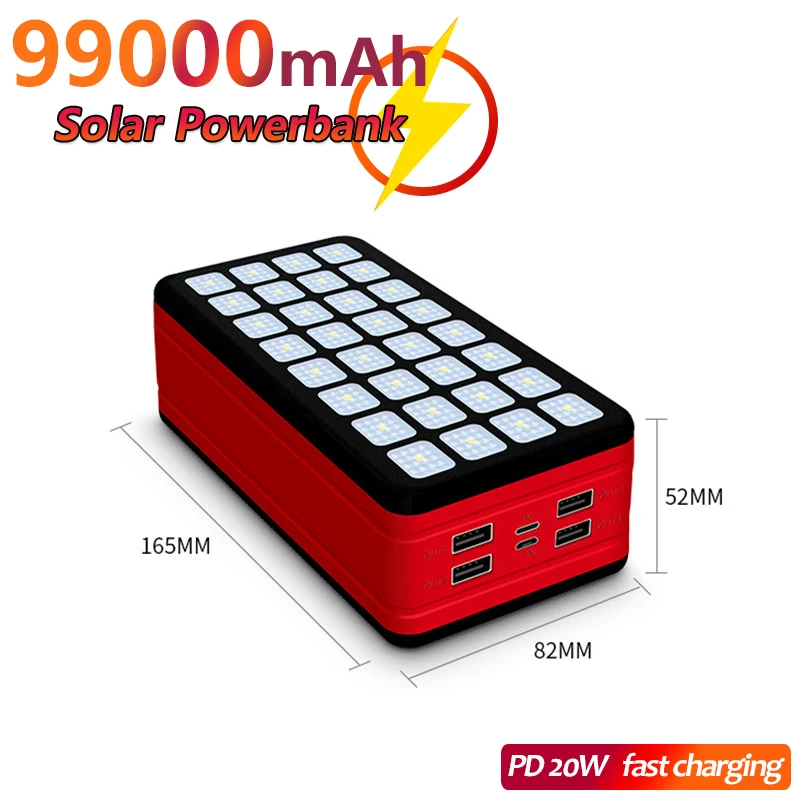 

99000mAh Solar Power Bank Fast Charging External Battery Suitable for Smartphone, Tablet PC, Bluetooth Audio, GPS