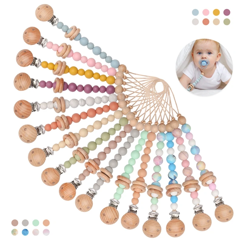 

1PC Handmade Silicone Baby Wooden Dummy Pacifier clip Safe Teething Chain Teether Pacifier chains Holder Chain Baby Shower Gifts