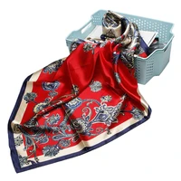 womens fashion red paisley print scarf imitate silk satin square head shawl hijab wraps boho style headscarf 3535