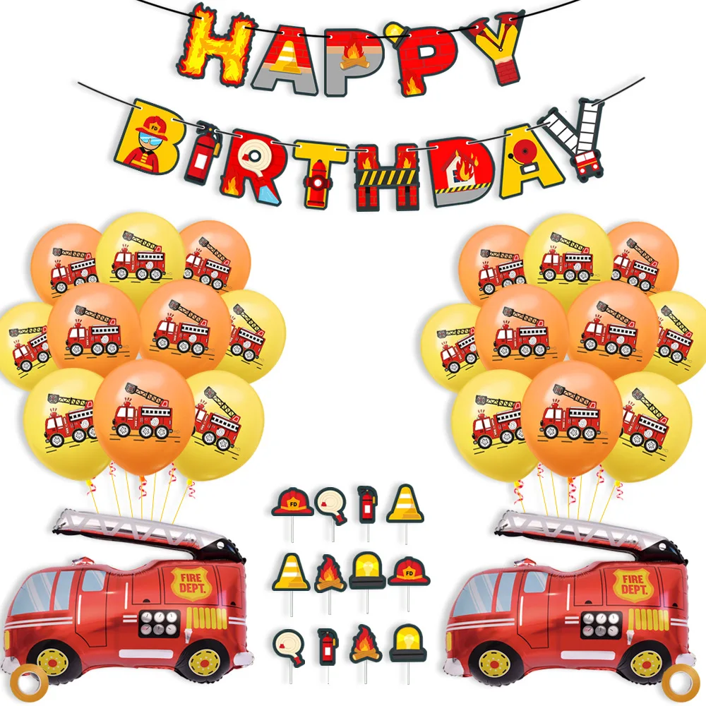 1 Set Flag-pulling Fire Truck Aluminum Latex Balloon Set Children's Anniversary Birthday Party Decoration